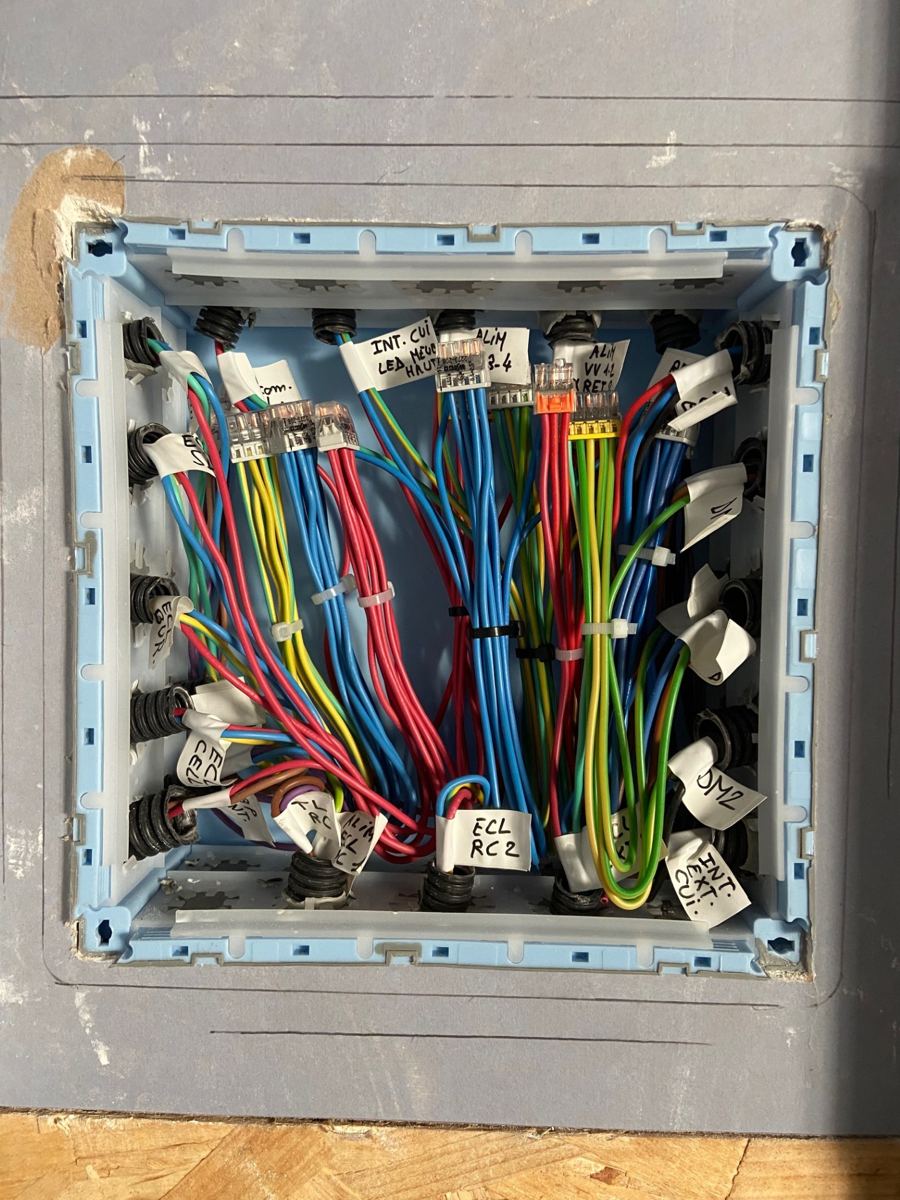 Boîte de dérivation câblée et étiquetée avec connecteurs wago, chantier électrique